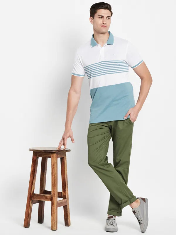 Octave Men Blue Striped Polo Collar T-Shirt