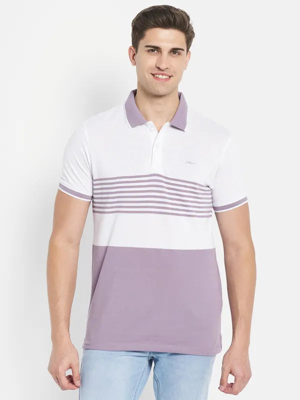 Octave Men Purple Striped Polo Collar T-Shirt