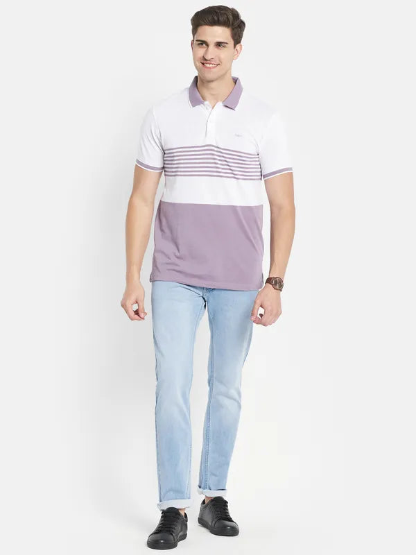 Octave Men Purple Striped Polo Collar T-Shirt