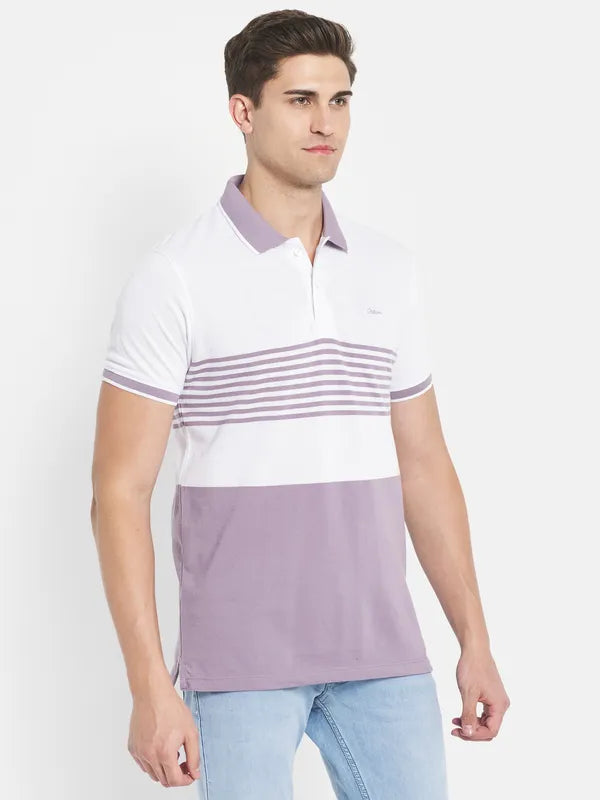 Octave Men Purple Striped Polo Collar T-Shirt