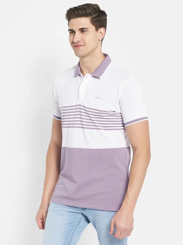 Octave Men Purple Striped Polo Collar T-Shirt