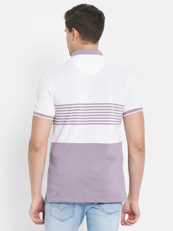 Octave Men Purple Striped Polo Collar T-Shirt