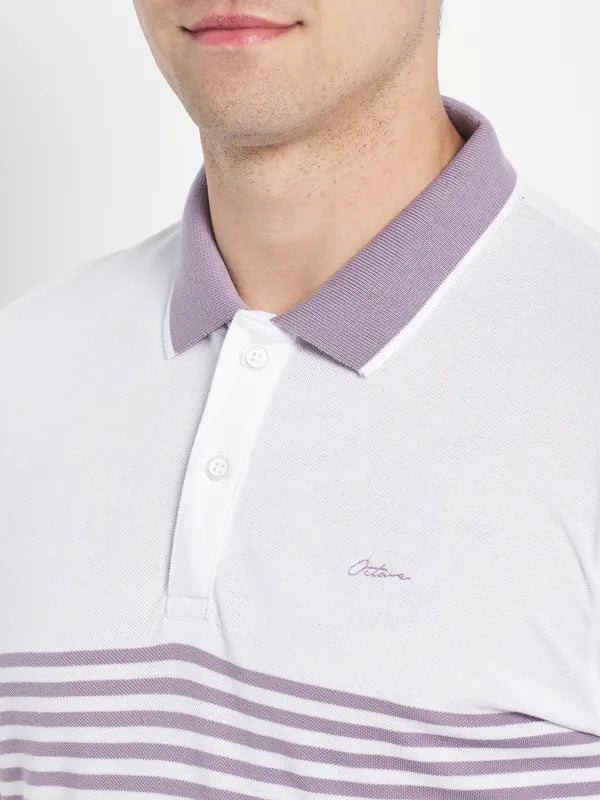 Octave Men Purple Striped Polo Collar T-Shirt