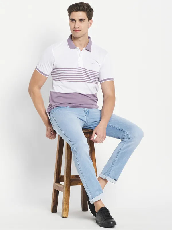 Octave Men Purple Striped Polo Collar T-Shirt