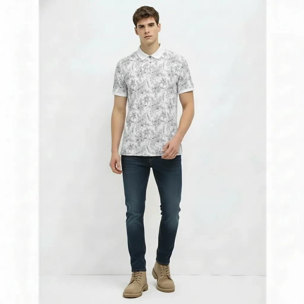 Men Off White Floral Printed Polo Collar T-shirt