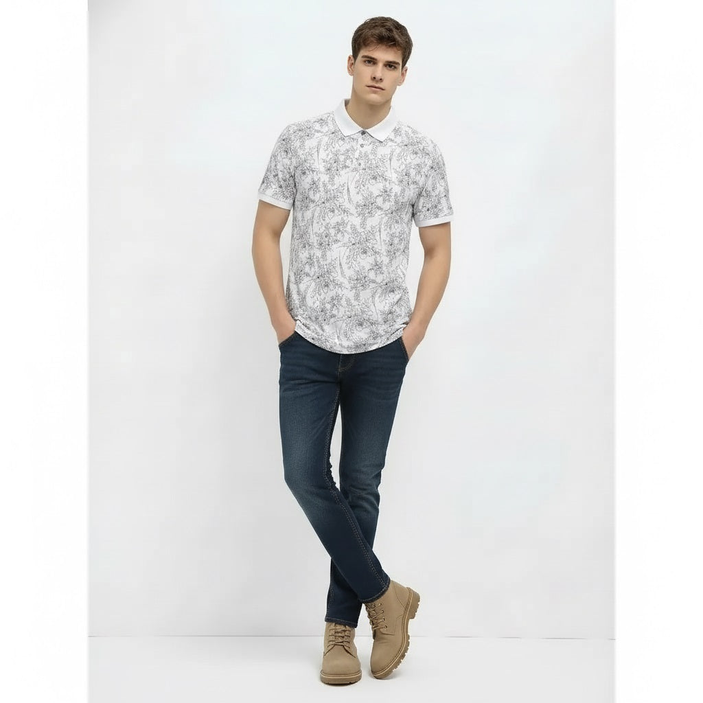 Men Off White Floral Printed Polo Collar T-shirt