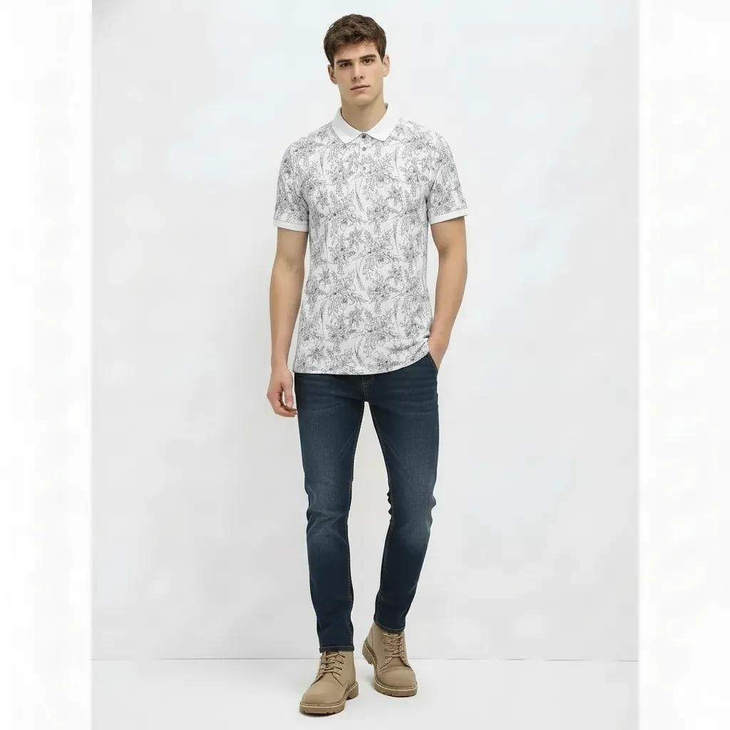 Men Off White Floral Printed Polo Collar T-shirt