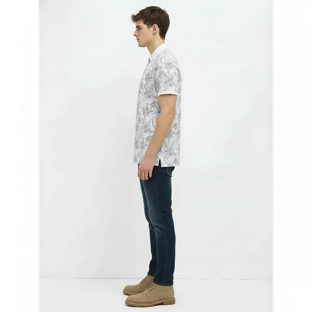 Men Off White Floral Printed Polo Collar T-shirt