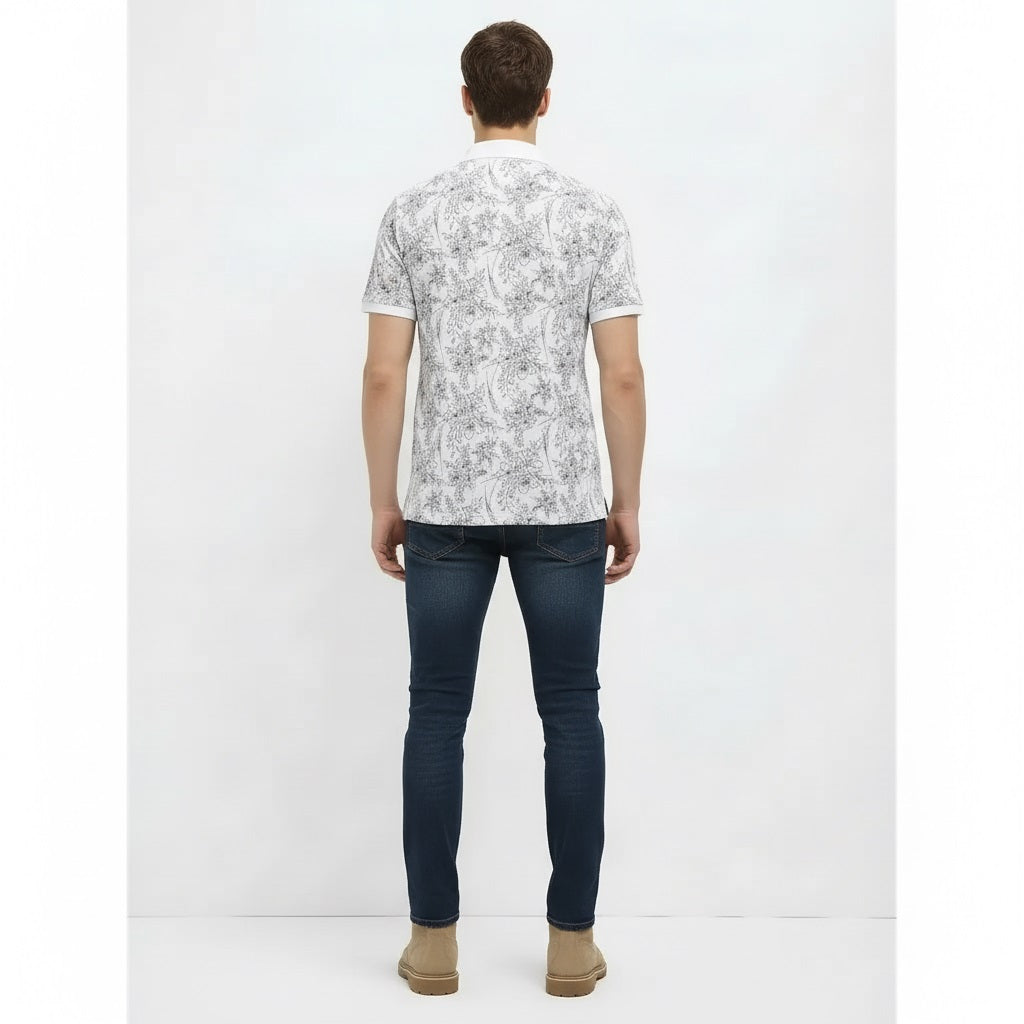 Men Off White Floral Printed Polo Collar T-shirt