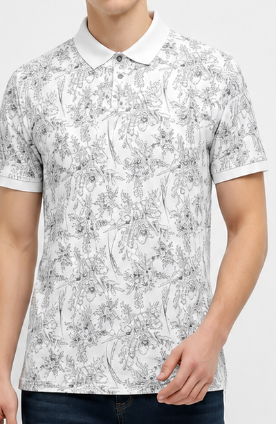 Men Off White Floral Printed Polo Collar T-shirt