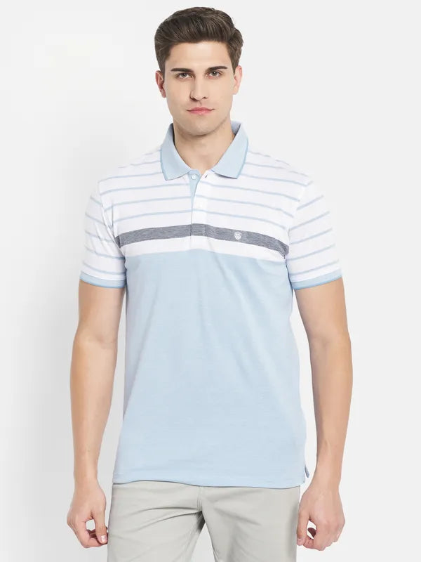 Octave Men Blue Striped Polo Collar T-Shirt