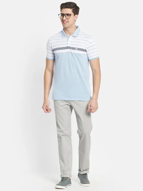 Octave Men Blue Striped Polo Collar T-Shirt