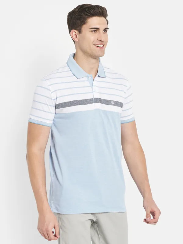 Octave Men Blue Striped Polo Collar T-Shirt