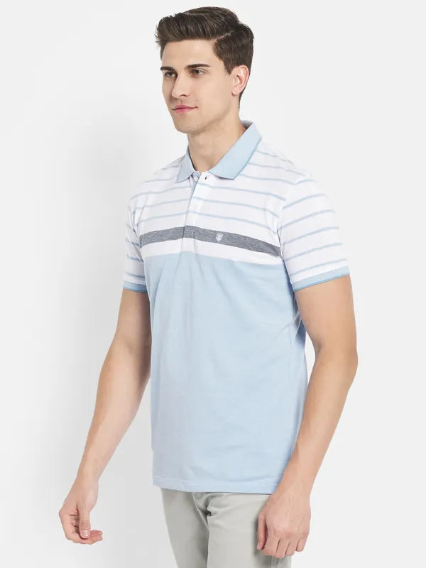 Octave Men Blue Striped Polo Collar T-Shirt