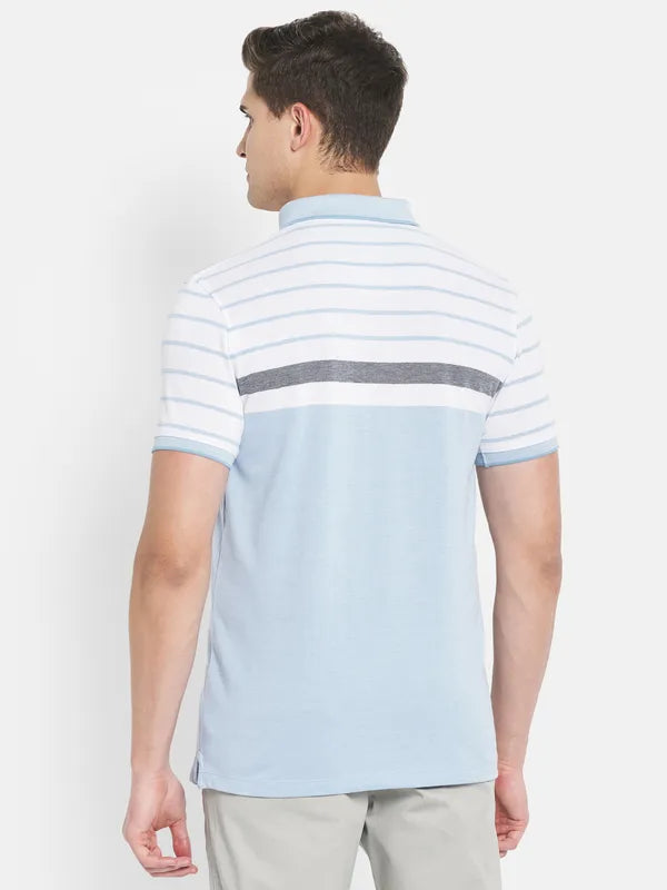 Octave Men Blue Striped Polo Collar T-Shirt