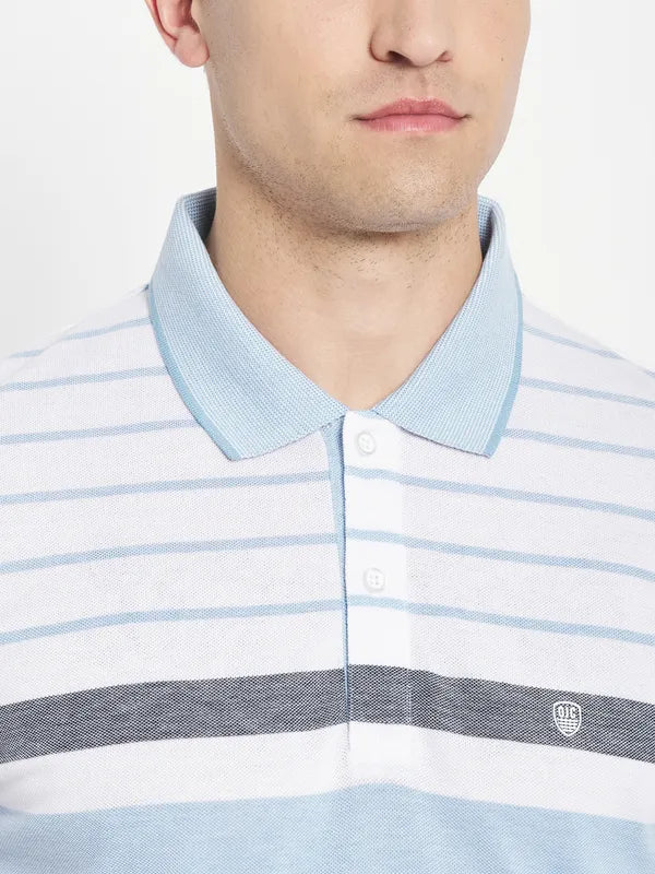 Octave Men Blue Striped Polo Collar T-Shirt