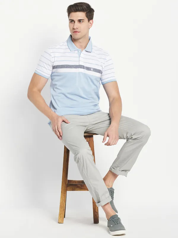 Octave Men Blue Striped Polo Collar T-Shirt