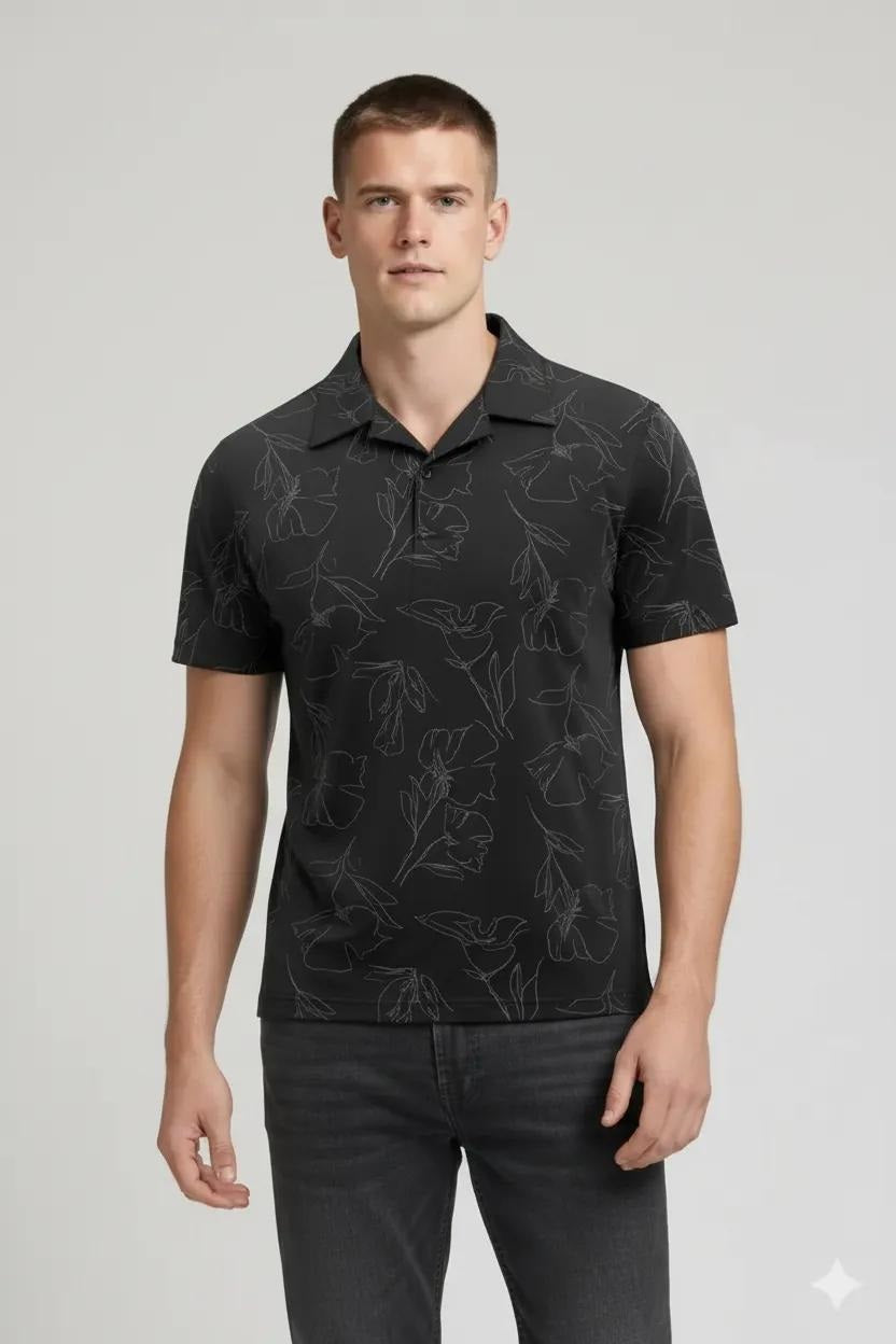 Men Black Floral Printed Polo Collar Tropical T-shirt