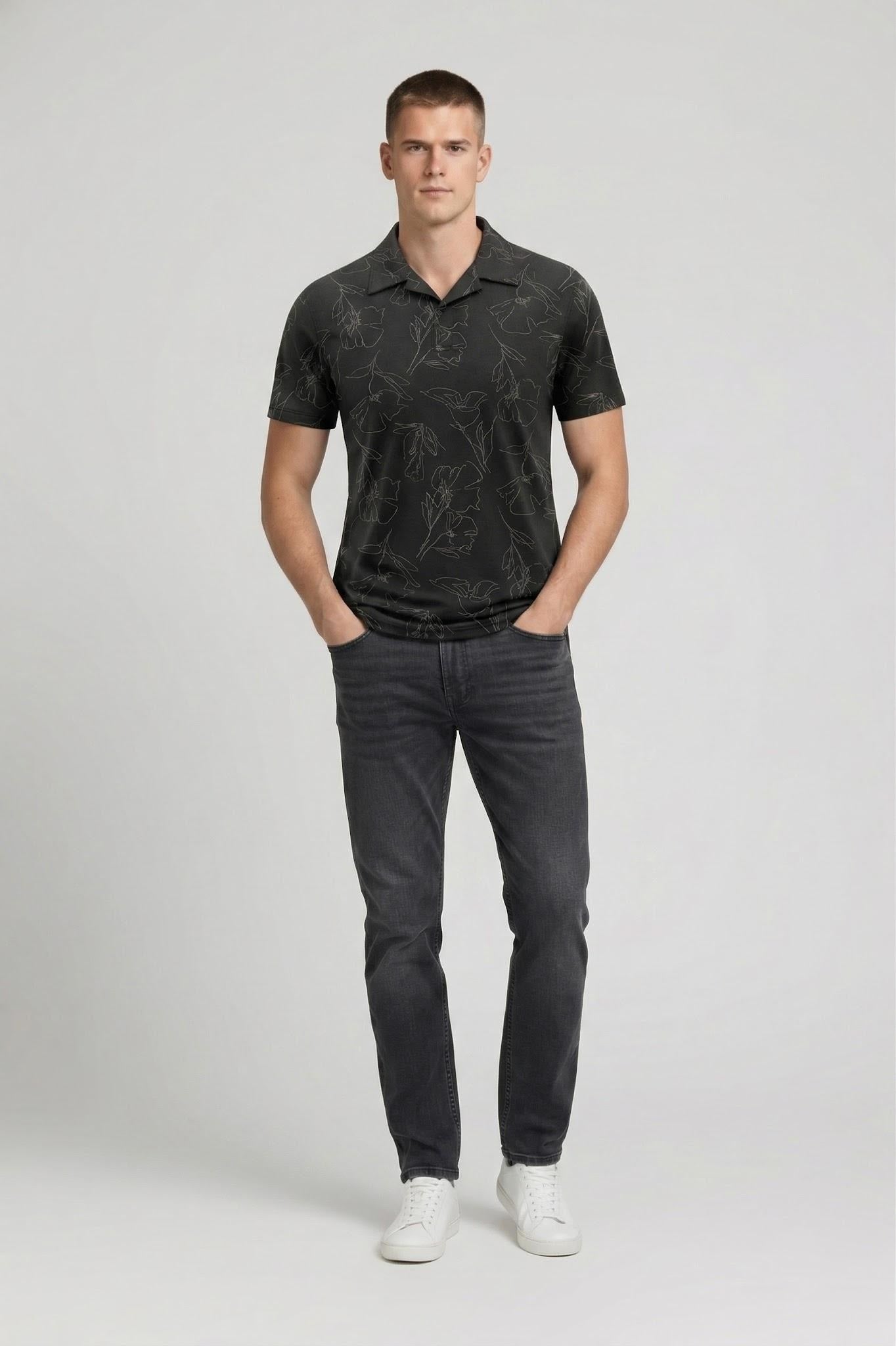 Men Black Floral Printed Polo Collar Tropical T-shirt