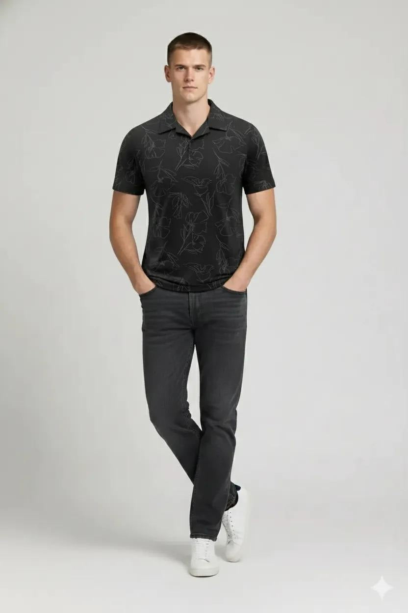 Men Black Floral Printed Polo Collar Tropical T-shirt