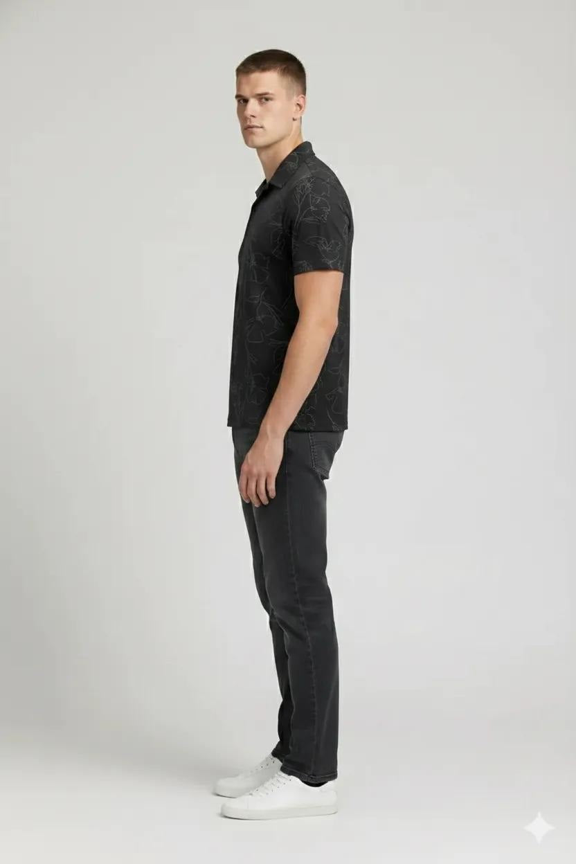 Men Black Floral Printed Polo Collar Tropical T-shirt