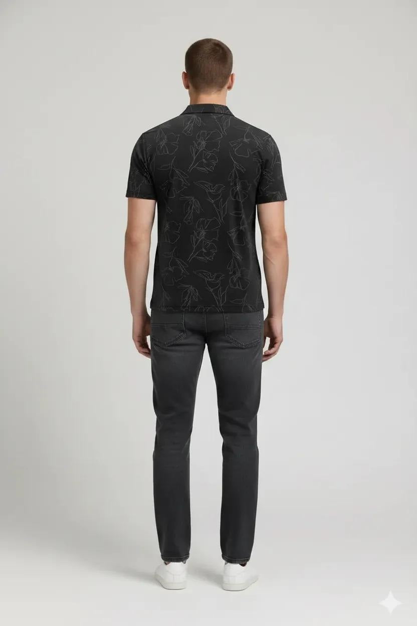 Men Black Floral Printed Polo Collar Tropical T-shirt