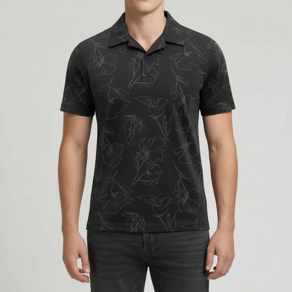 Men Black Floral Printed Polo Collar Tropical T-shirt