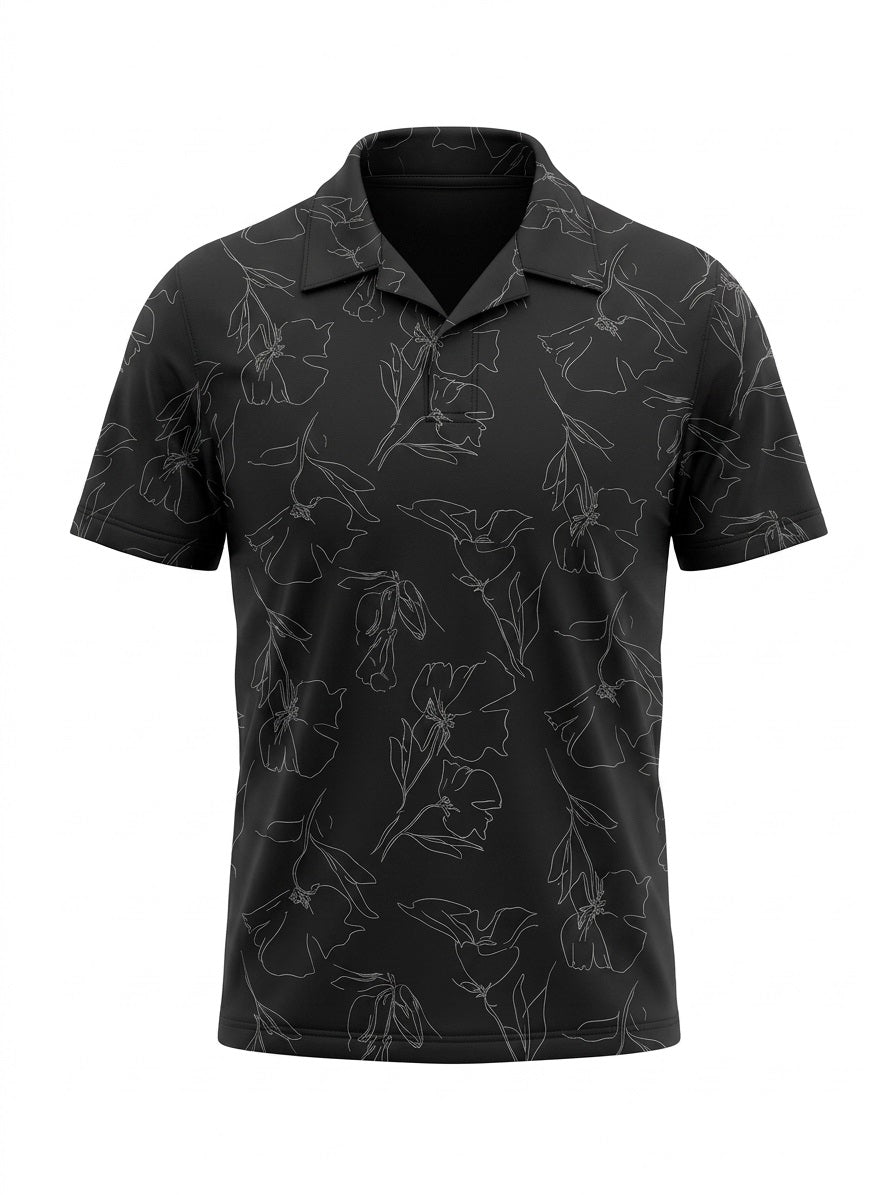 Men Black Floral Printed Polo Collar Tropical T-shirt