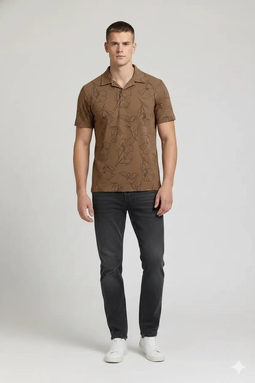 Men Tan Floral Printed Polo Collar Tropical T-shirt