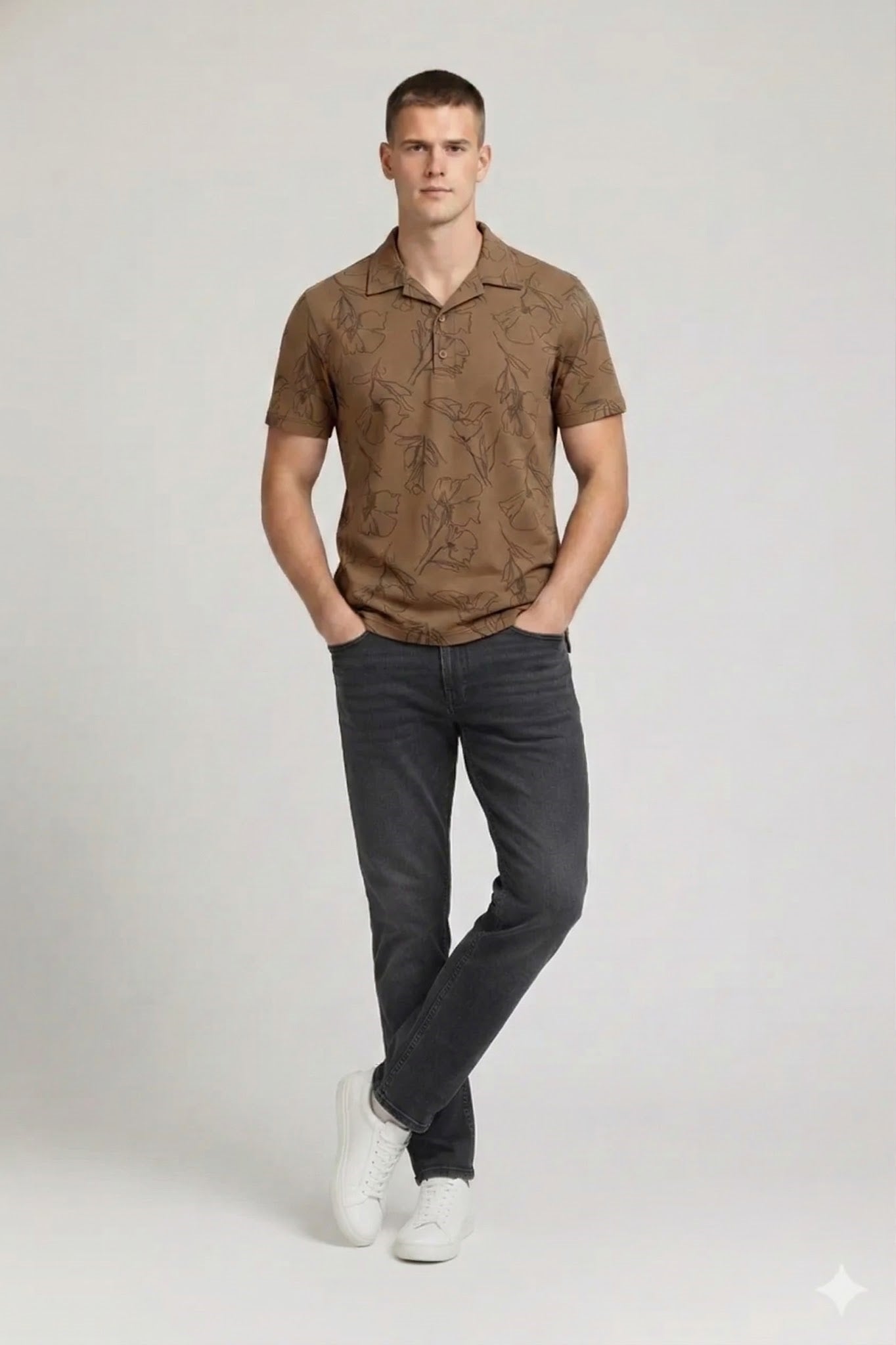 Men Tan Floral Printed Polo Collar Tropical T-shirt