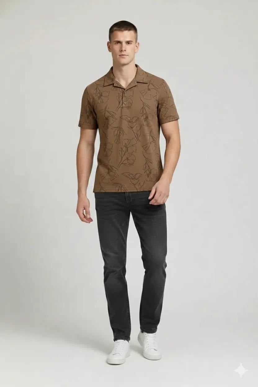 Men Tan Floral Printed Polo Collar Tropical T-shirt
