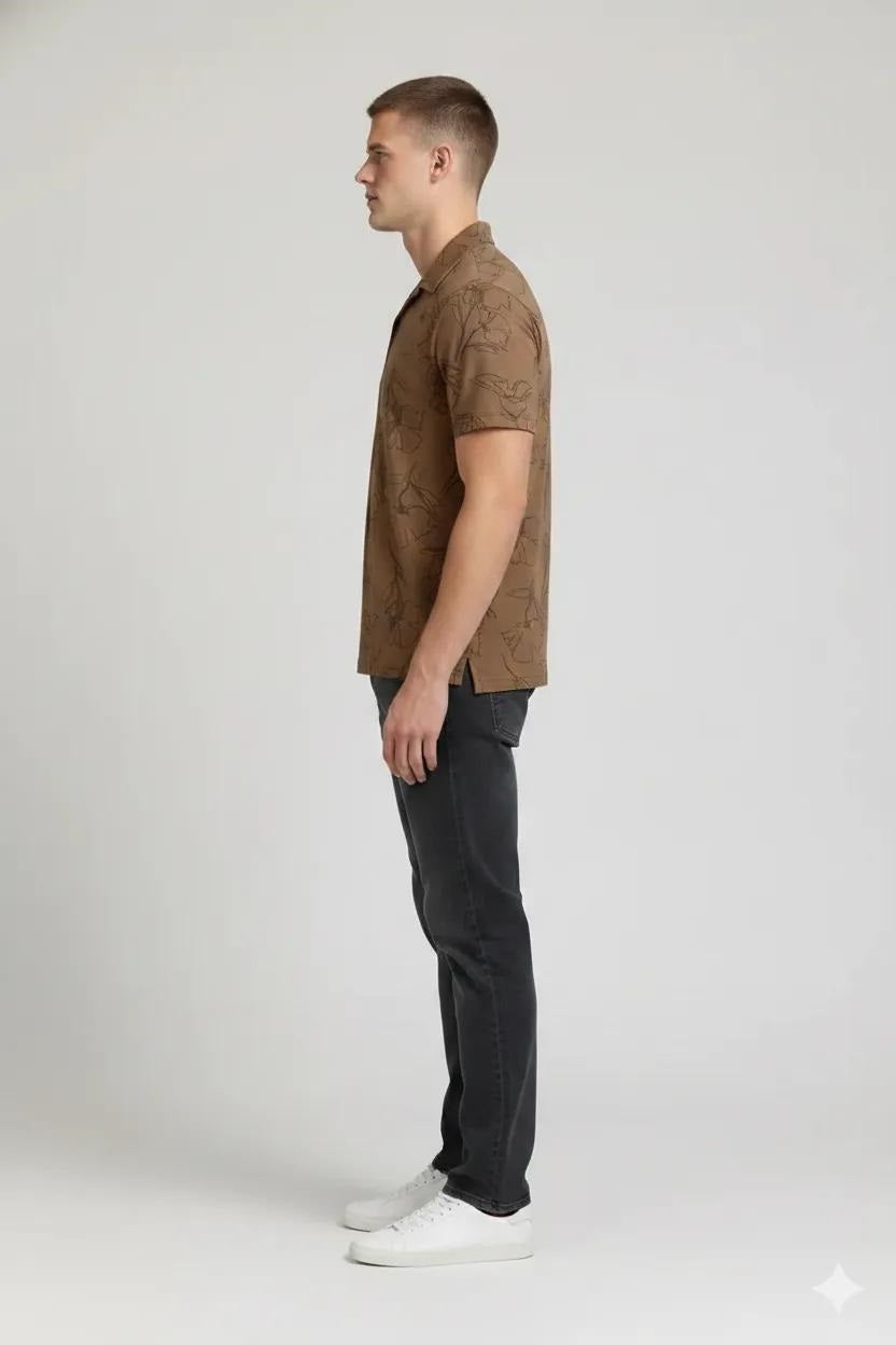Men Tan Floral Printed Polo Collar Tropical T-shirt