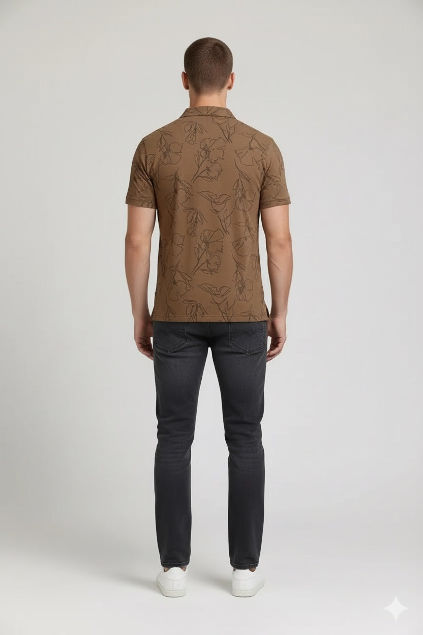 Men Tan Floral Printed Polo Collar Tropical T-shirt