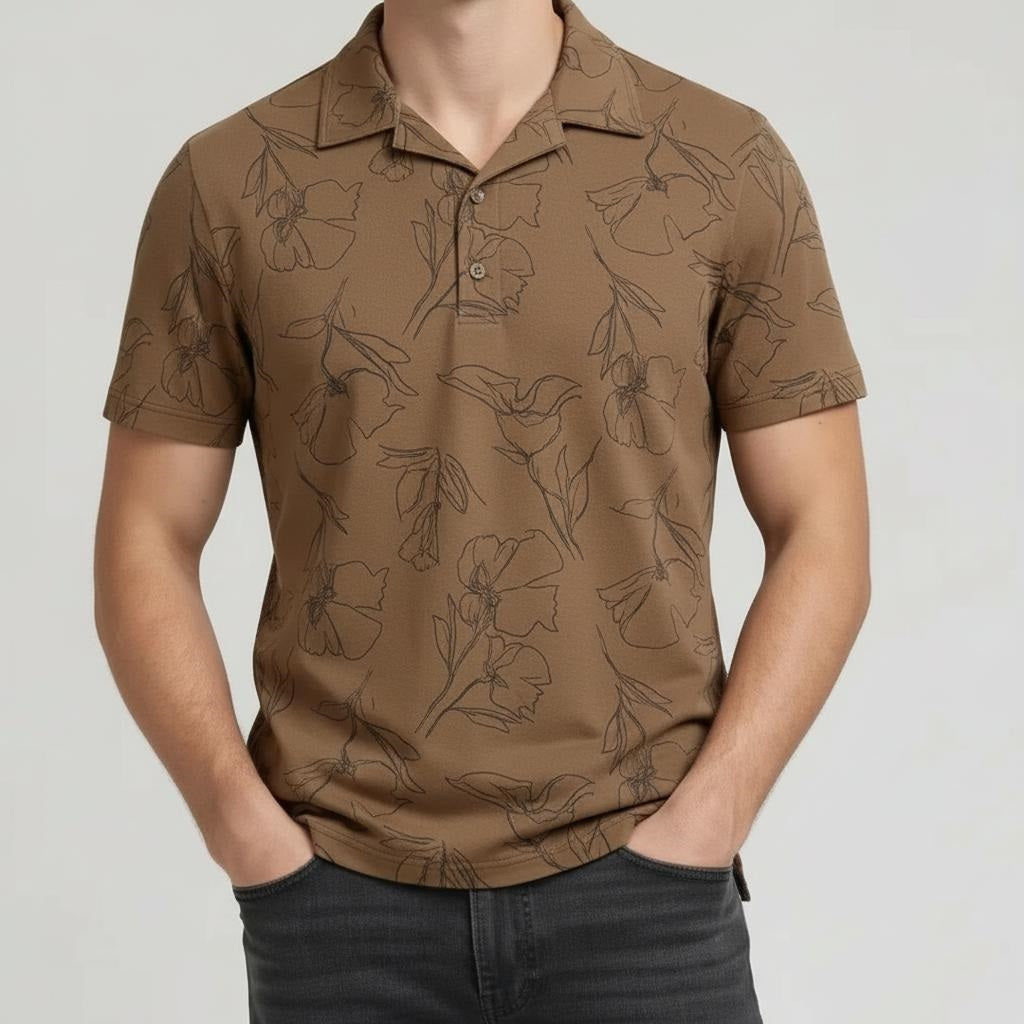 Men Tan Floral Printed Polo Collar Tropical T-shirt