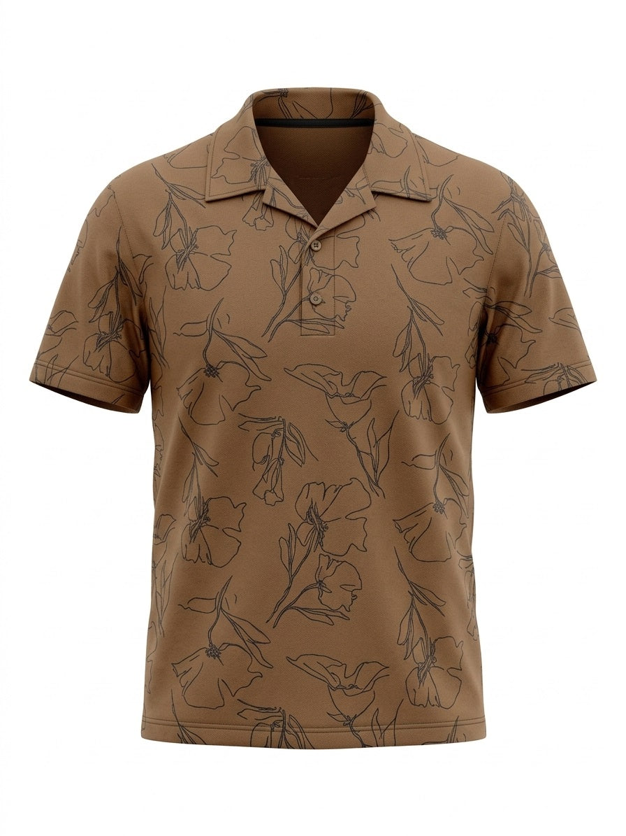 Men Tan Floral Printed Polo Collar Tropical T-shirt