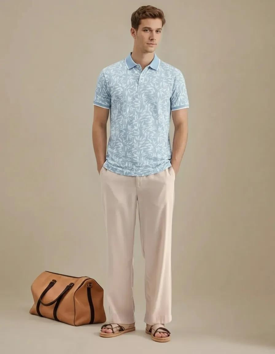 Men Aqua Floral Printed Polo Collar Tropical T-shirt
