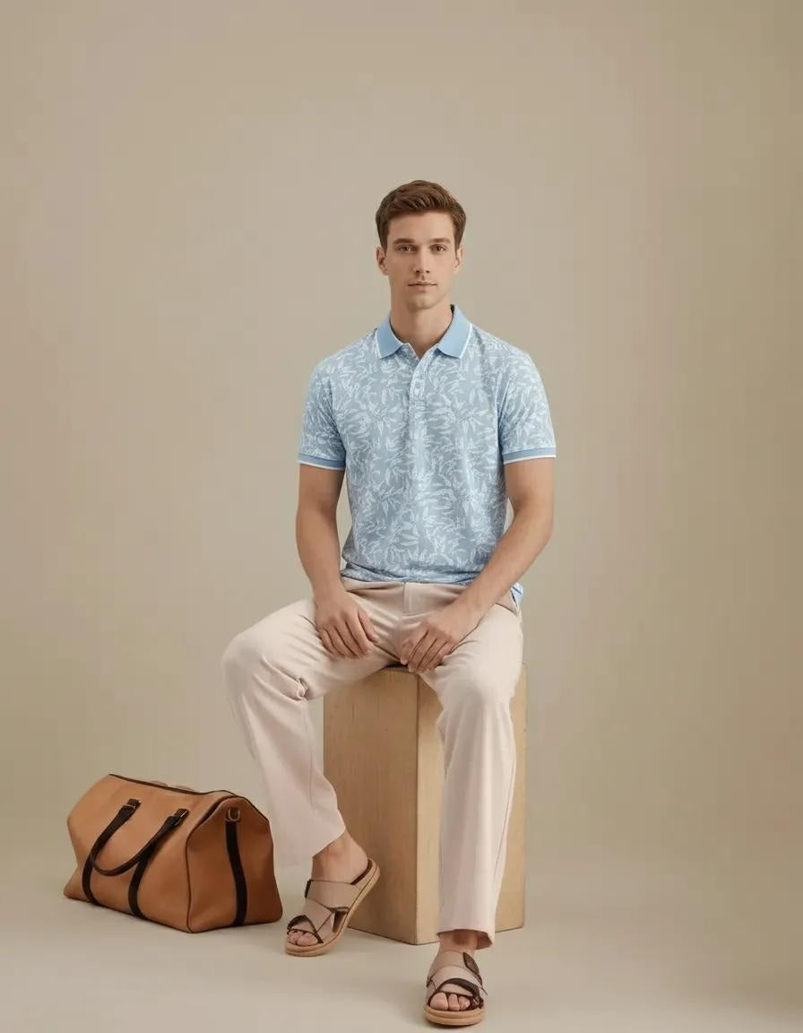 Men Aqua Floral Printed Polo Collar Tropical T-shirt