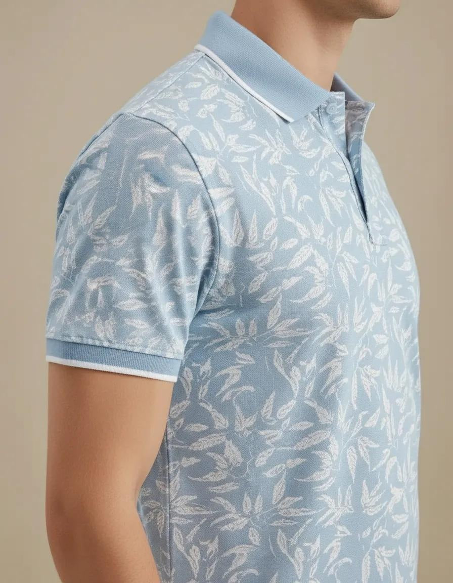 Men Aqua Floral Printed Polo Collar Tropical T-shirt