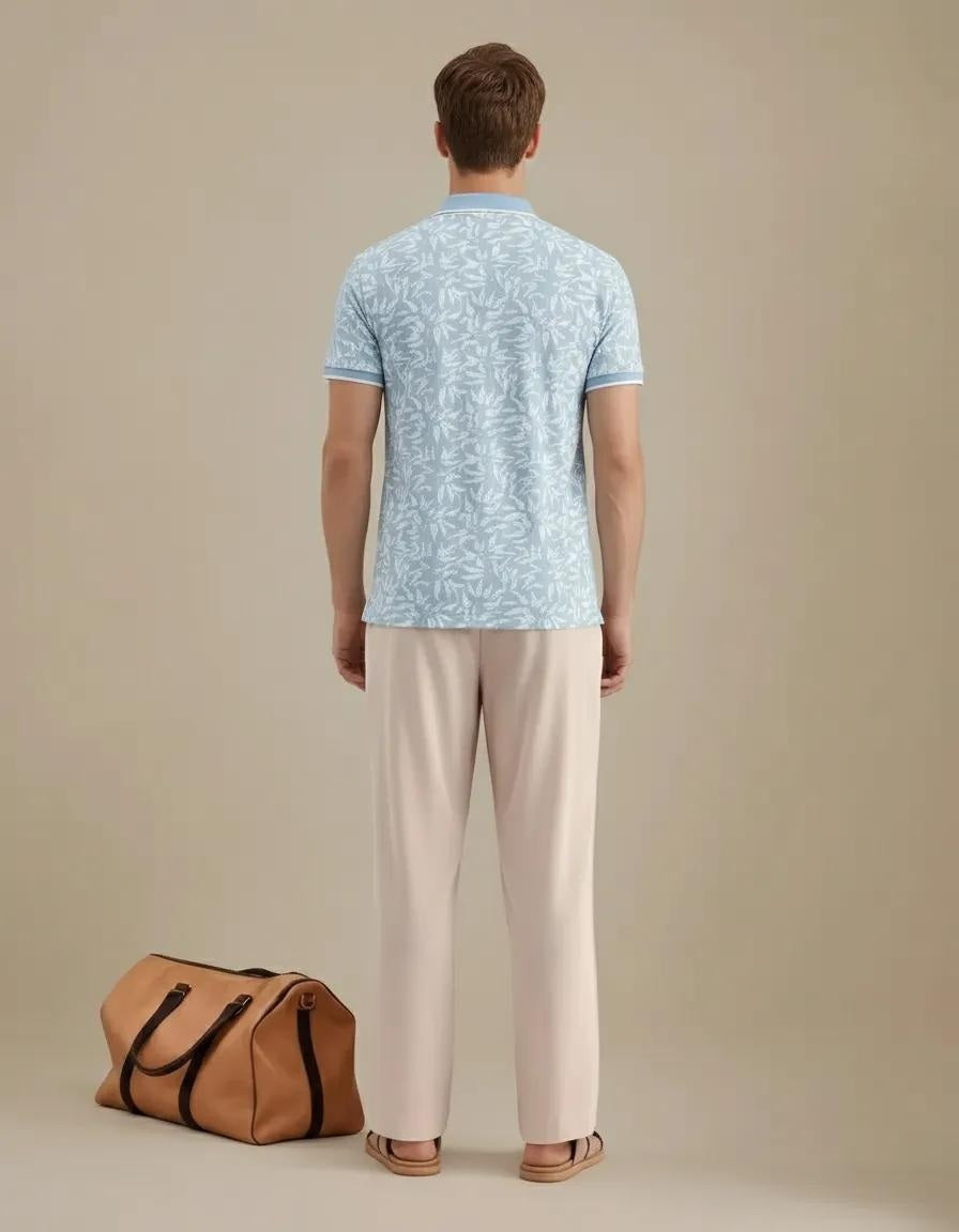 Men Aqua Floral Printed Polo Collar Tropical T-shirt