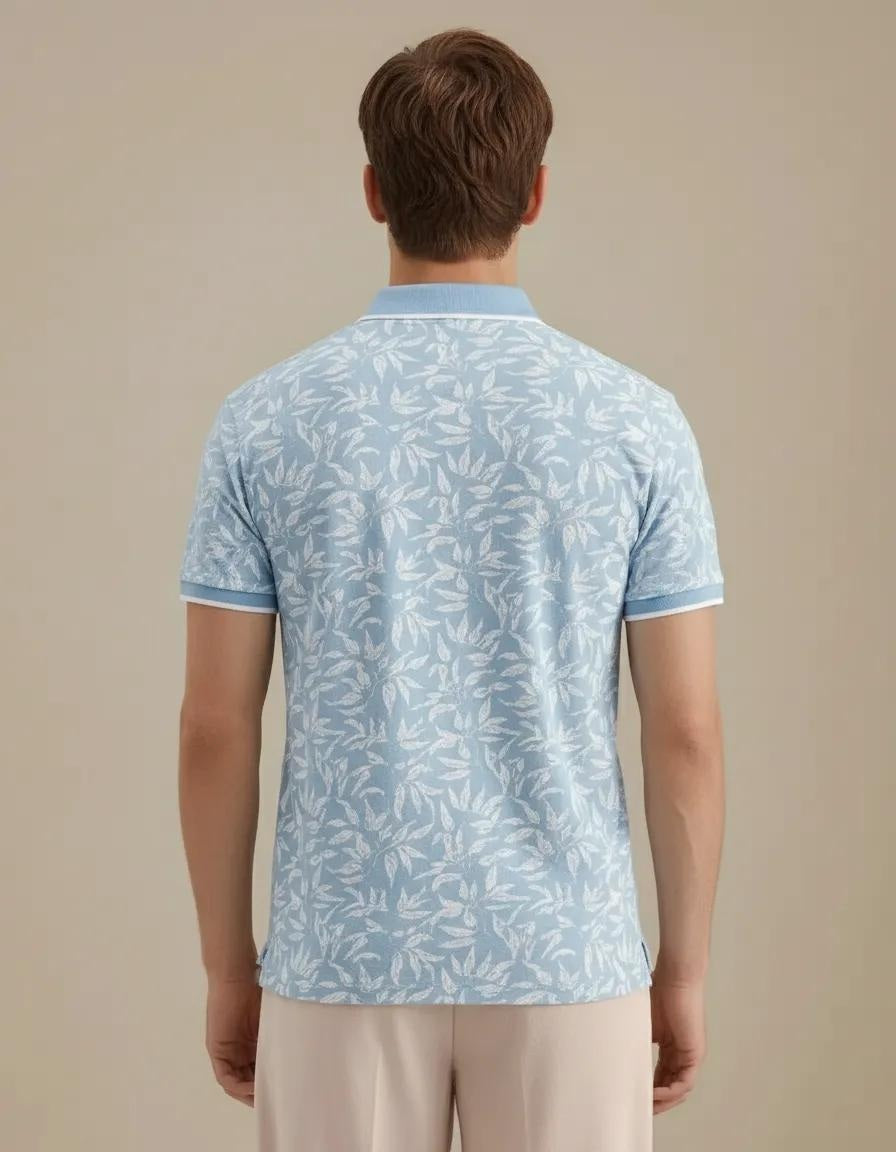 Men Aqua Floral Printed Polo Collar Tropical T-shirt