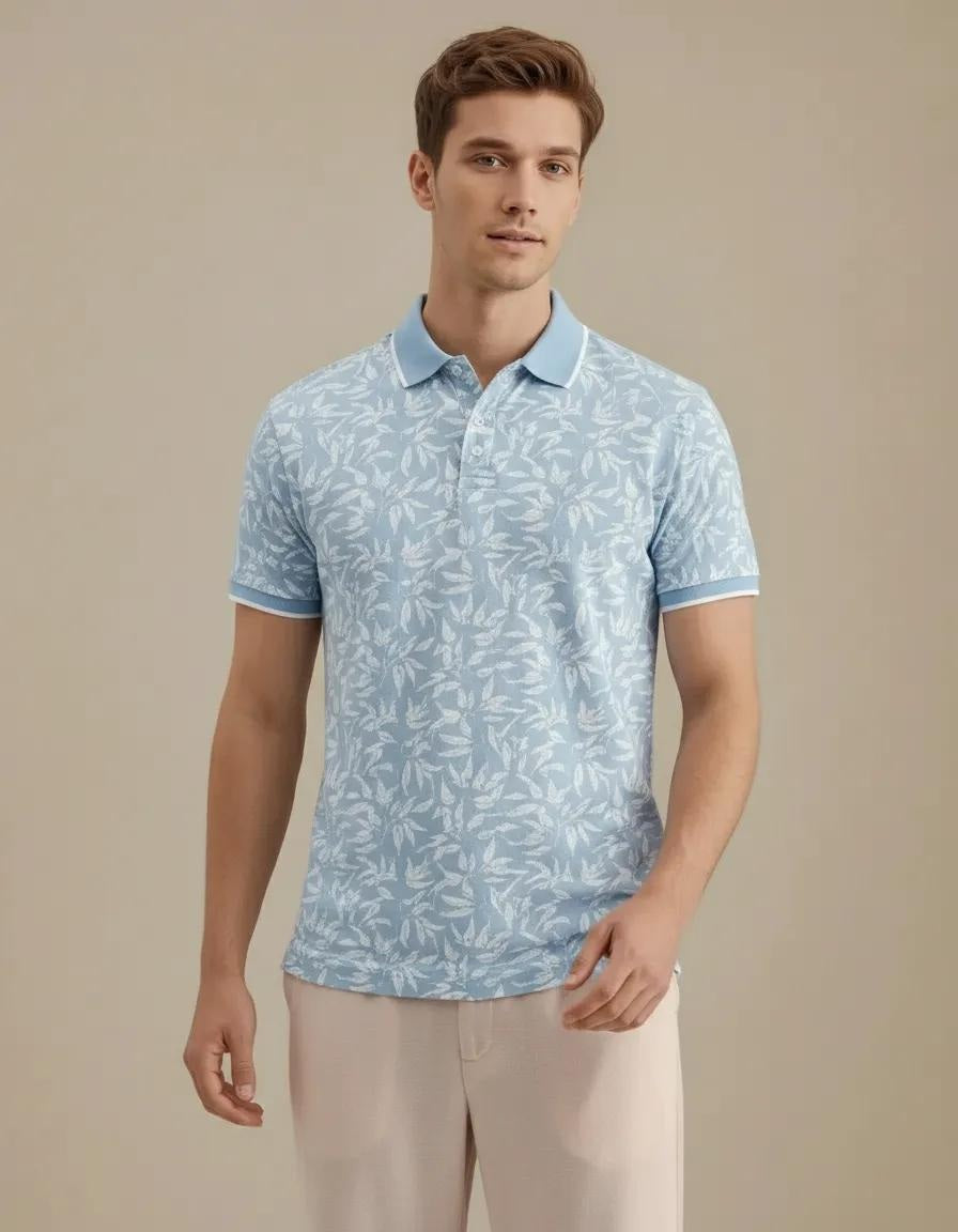 Men Aqua Floral Printed Polo Collar Tropical T-shirt