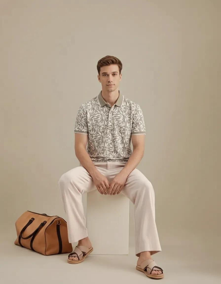 Men Sand Floral Printed Polo Collar Tropical T-shirt