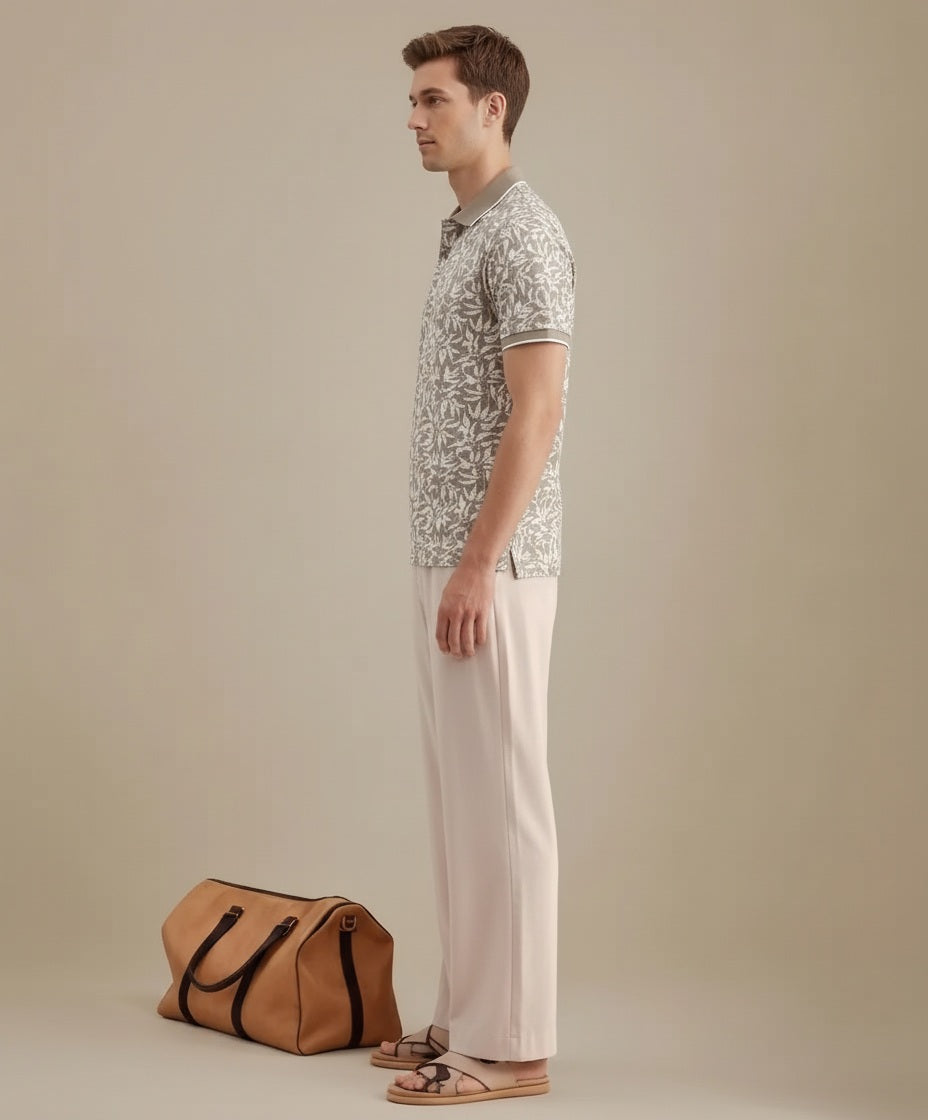 Men Sand Floral Printed Polo Collar Tropical T-shirt