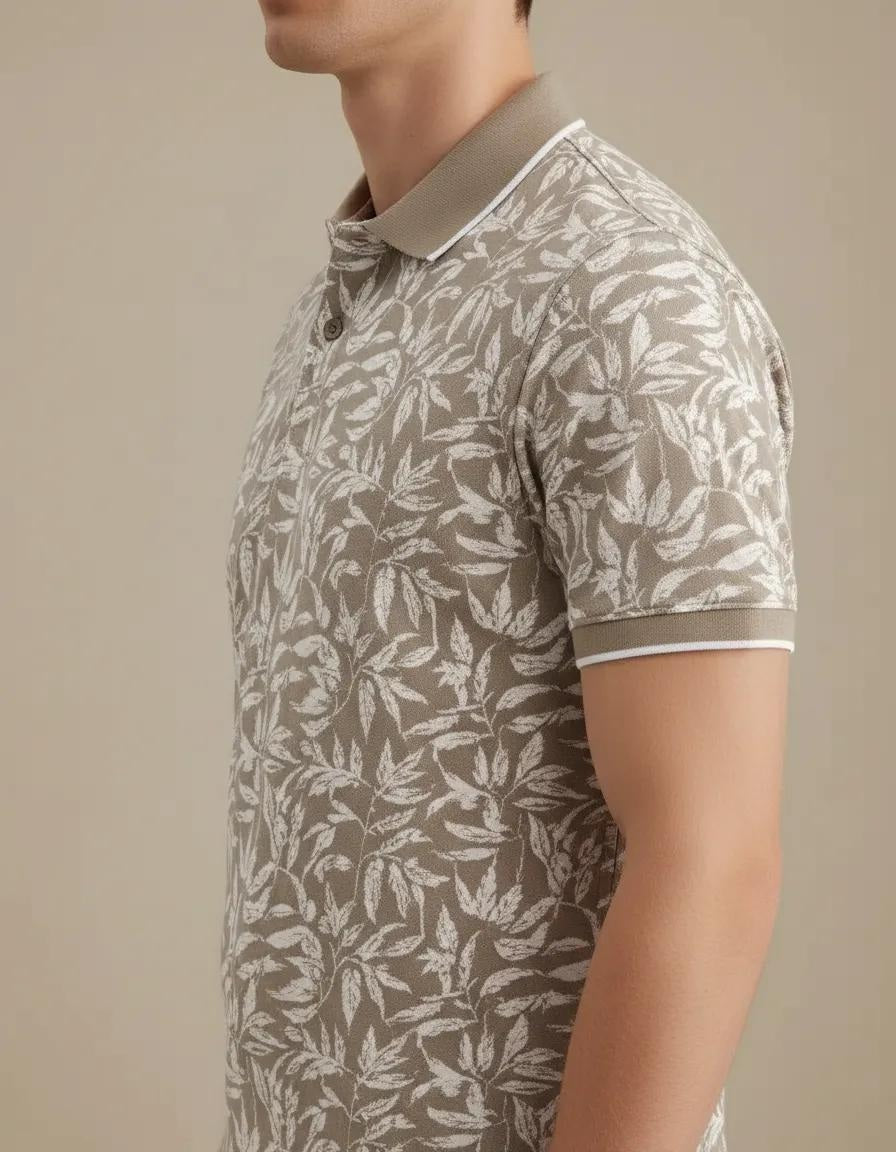 Men Sand Floral Printed Polo Collar Tropical T-shirt