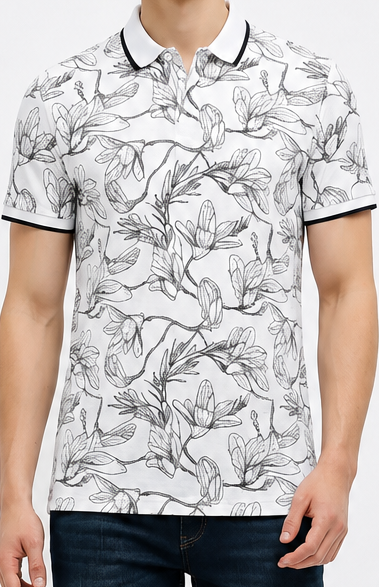 Men Denim Floral Printed Polo Collar Tropical T-shirt