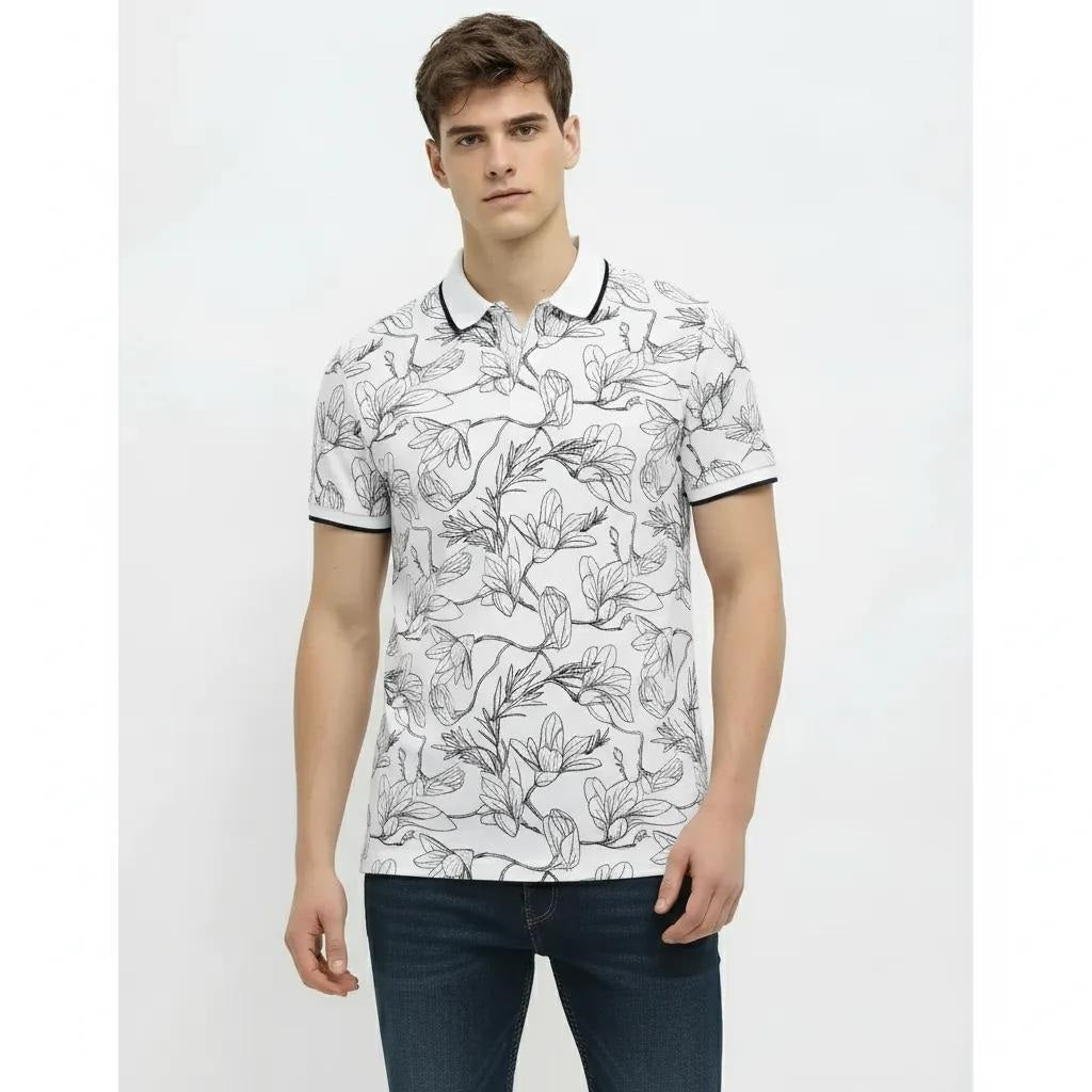 Men Denim Floral Printed Polo Collar Tropical T-shirt