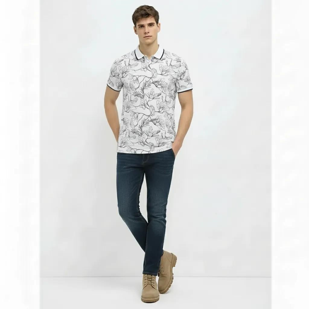 Men Denim Floral Printed Polo Collar Tropical T-shirt
