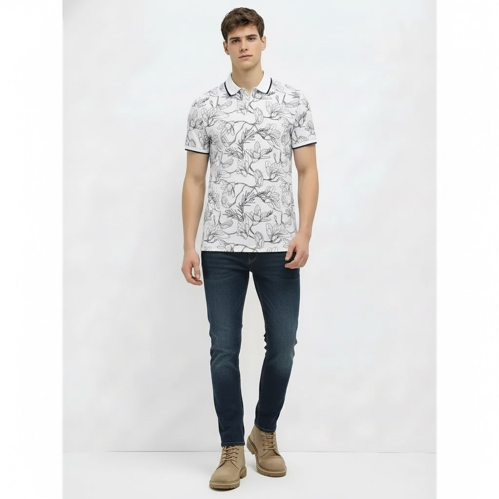 Men Denim Floral Printed Polo Collar Tropical T-shirt