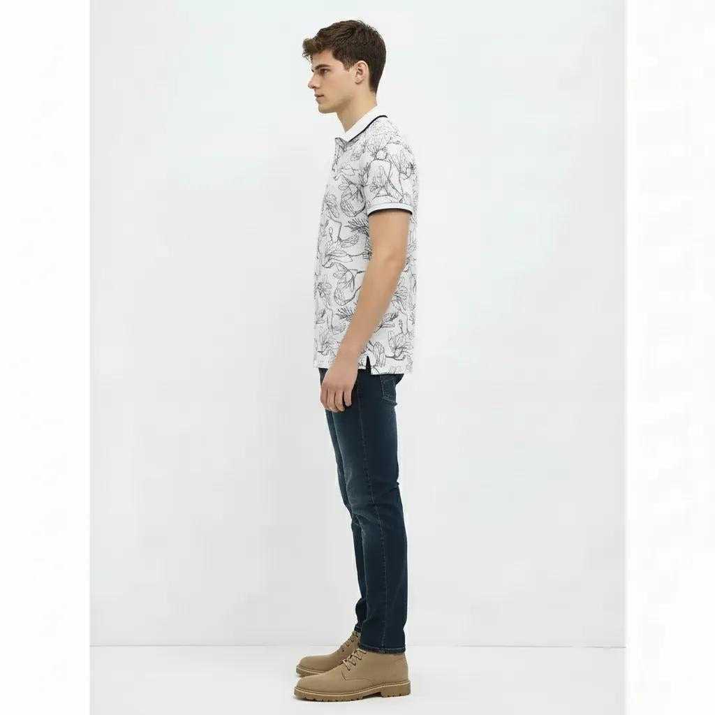 Men Denim Floral Printed Polo Collar Tropical T-shirt