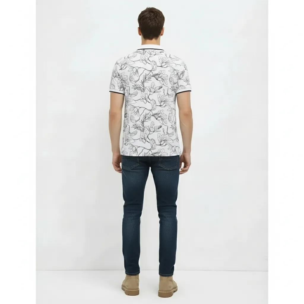 Men Denim Floral Printed Polo Collar Tropical T-shirt